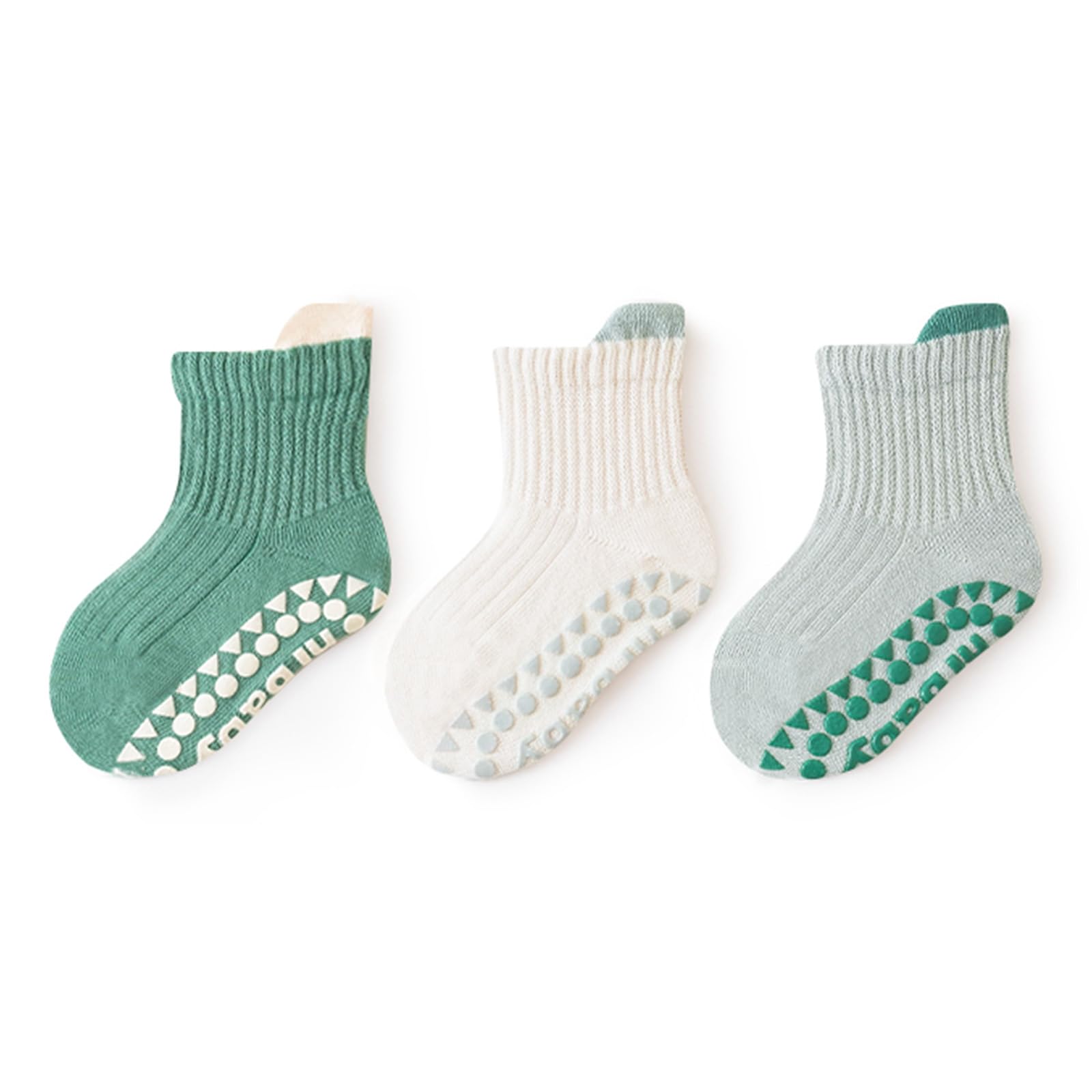 【送料無料】[HAYAHARU] ベビーソックス かわいい 子供靴下 0-8歳 キッズソックス 靴下 ベビー 男の子 女の子 小学生 子供の靴下 3足組 綿 柔らかい カラフル 通学通園 ルームソックス 赤ちゃん 色：滑り止め-グリーン、サイズ：3-5 Years