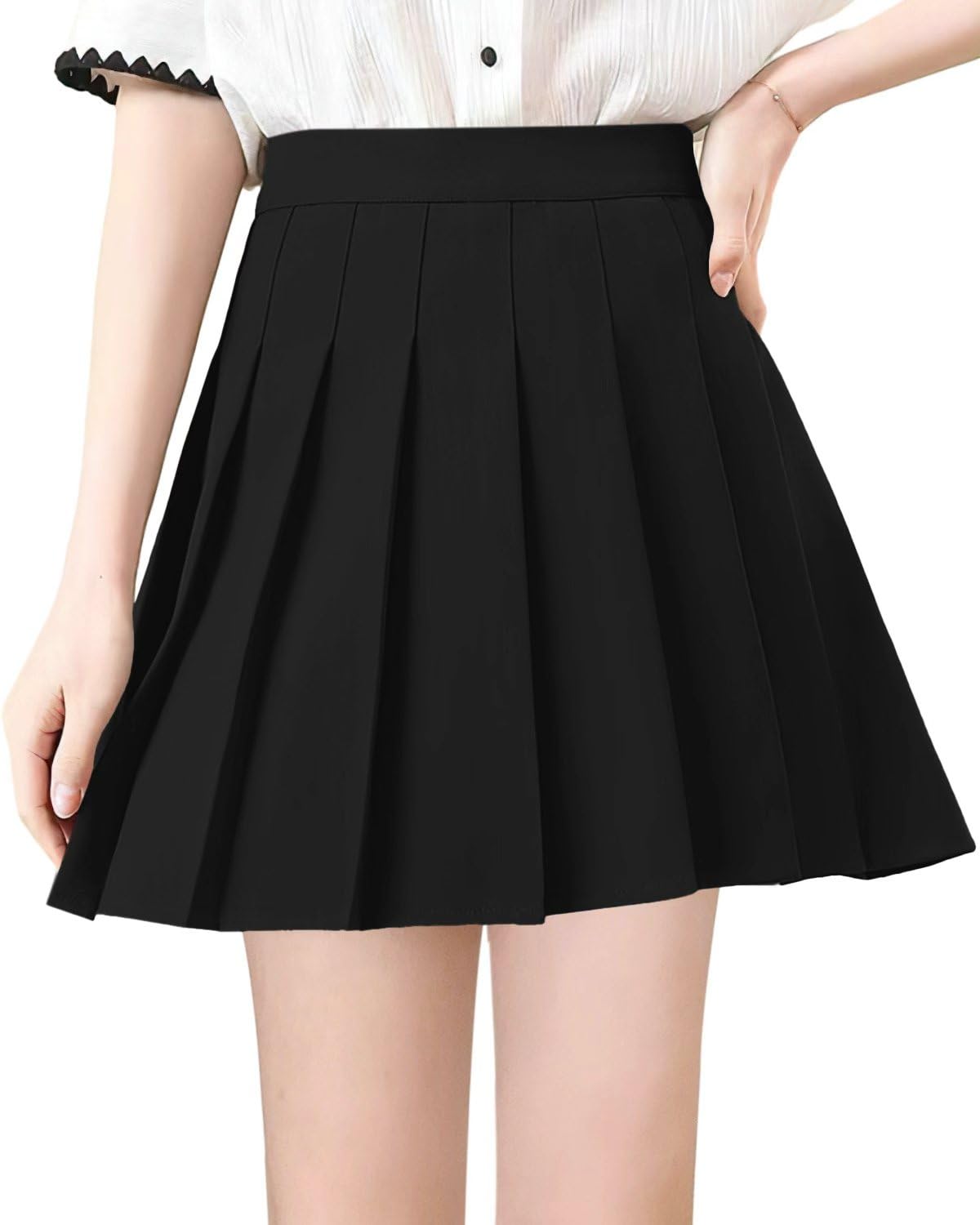 【送料無料】[HDONYUI] 制服 スカート 黒 白 プリーツ スカートミニ ゴルフスカート テニス インナー付き ひざ丈 無地 通学 ハイウェスト ひざ丈 コスチューム セーラー服 卒業式 ミニスカ 色：ブラック、サイズ：L