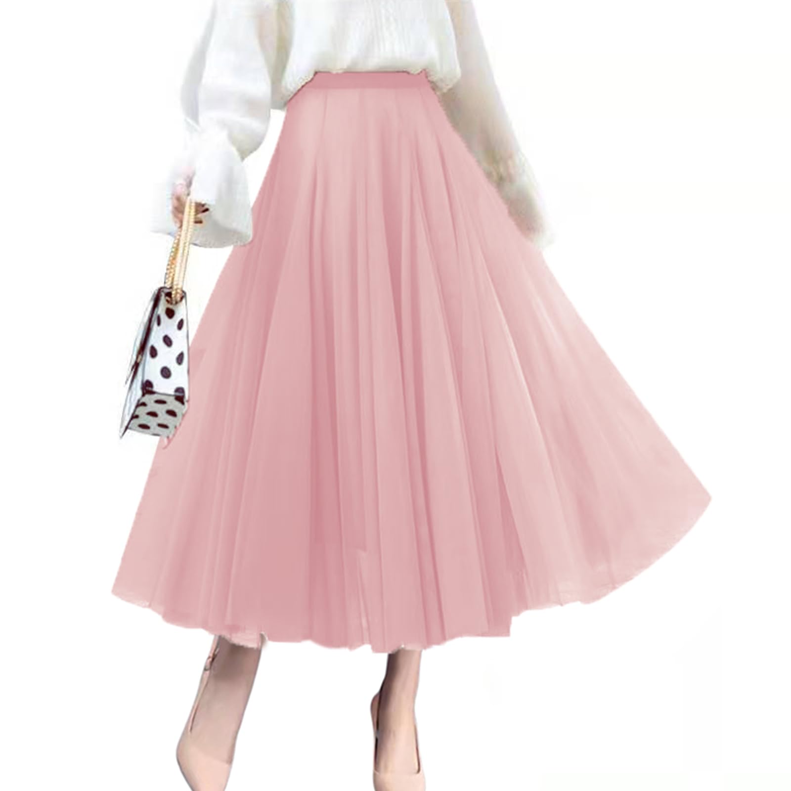【送料無料】[HDONYUi] スカート レディース ロング 春 夏 プリーツ チュール マキシ丈 フレア ふんわり シフォン おしゃれ ボトムス エレガント 裏地付き 体型カバー 普段着 お呼ばれ ウエストゴム 無地 ボリューム 可愛い きれいめ 色：シャンパン、サイズ：Free Size