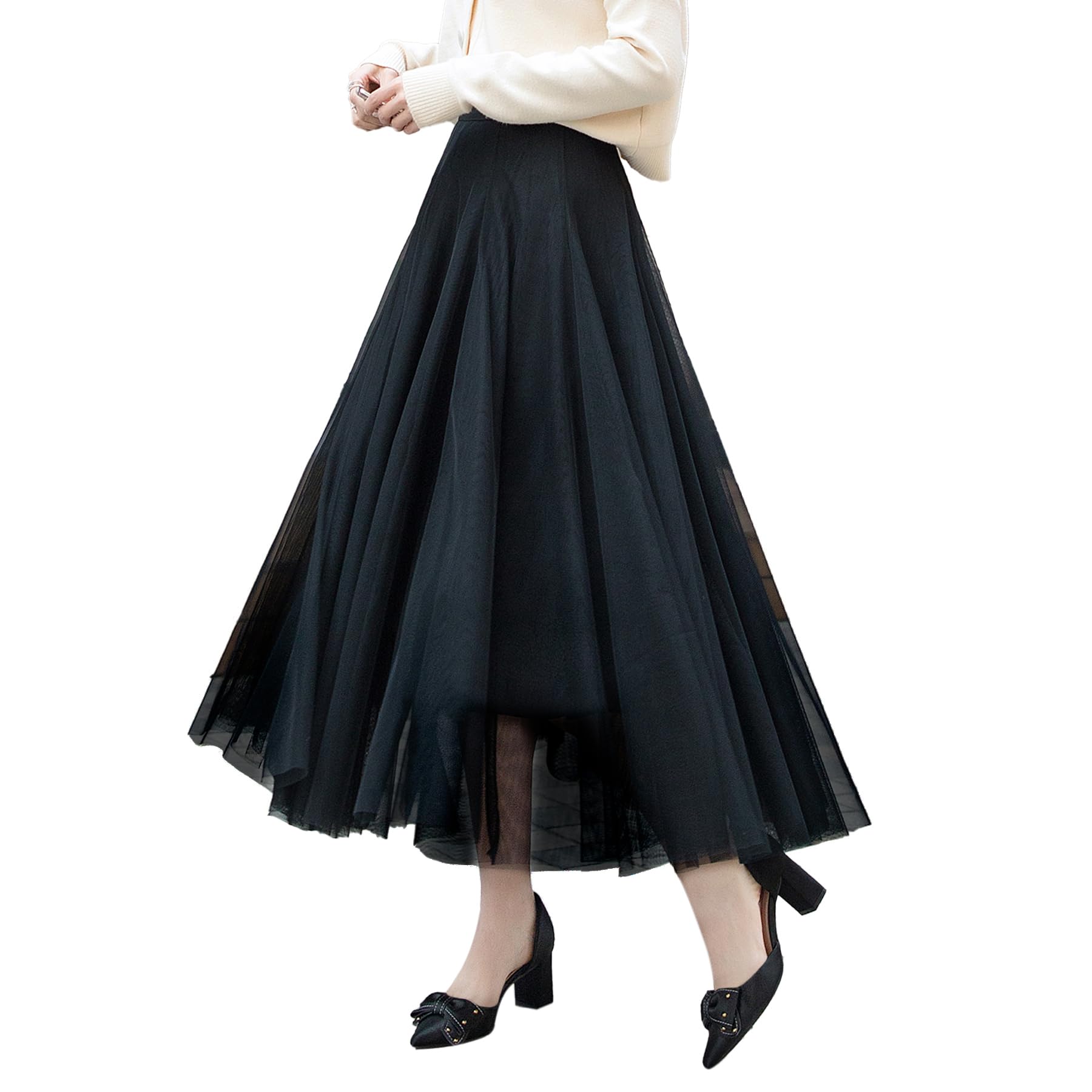【送料無料】[HDONYUi] スカート レディース ロング 春 夏 プリーツ チュール マキシ丈 フレア ふんわり シフォン おしゃれ ボトムス エレガント 裏地付き 体型カバー 普段着 お呼ばれ ウエストゴム 無地 ボリューム 可愛い きれいめ 色：ブラック、サイズ：Free Size
