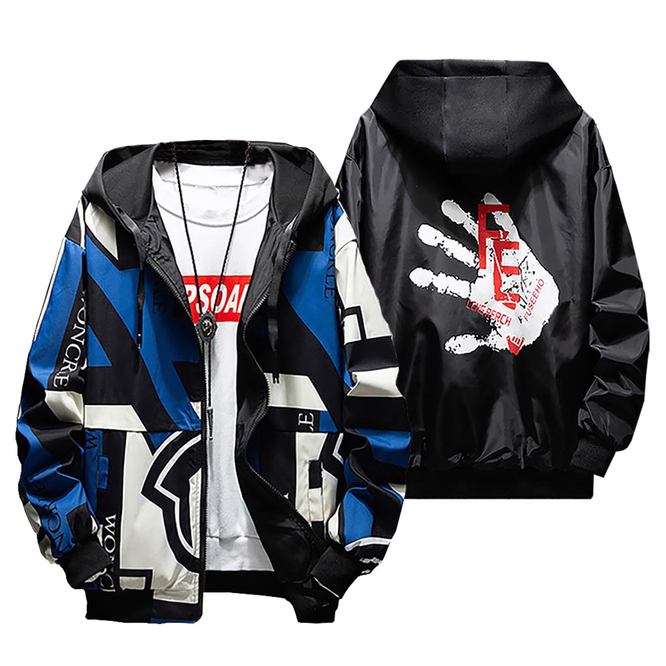 【送料無料】[HEGROPH] 迷彩ジャケットメンズ 秋 リバーシブル ウインドブレーカー おしゃれ ジッパー 上着 バックプリント防風 大きい 春服 色：ブルー、サイズ：3XL