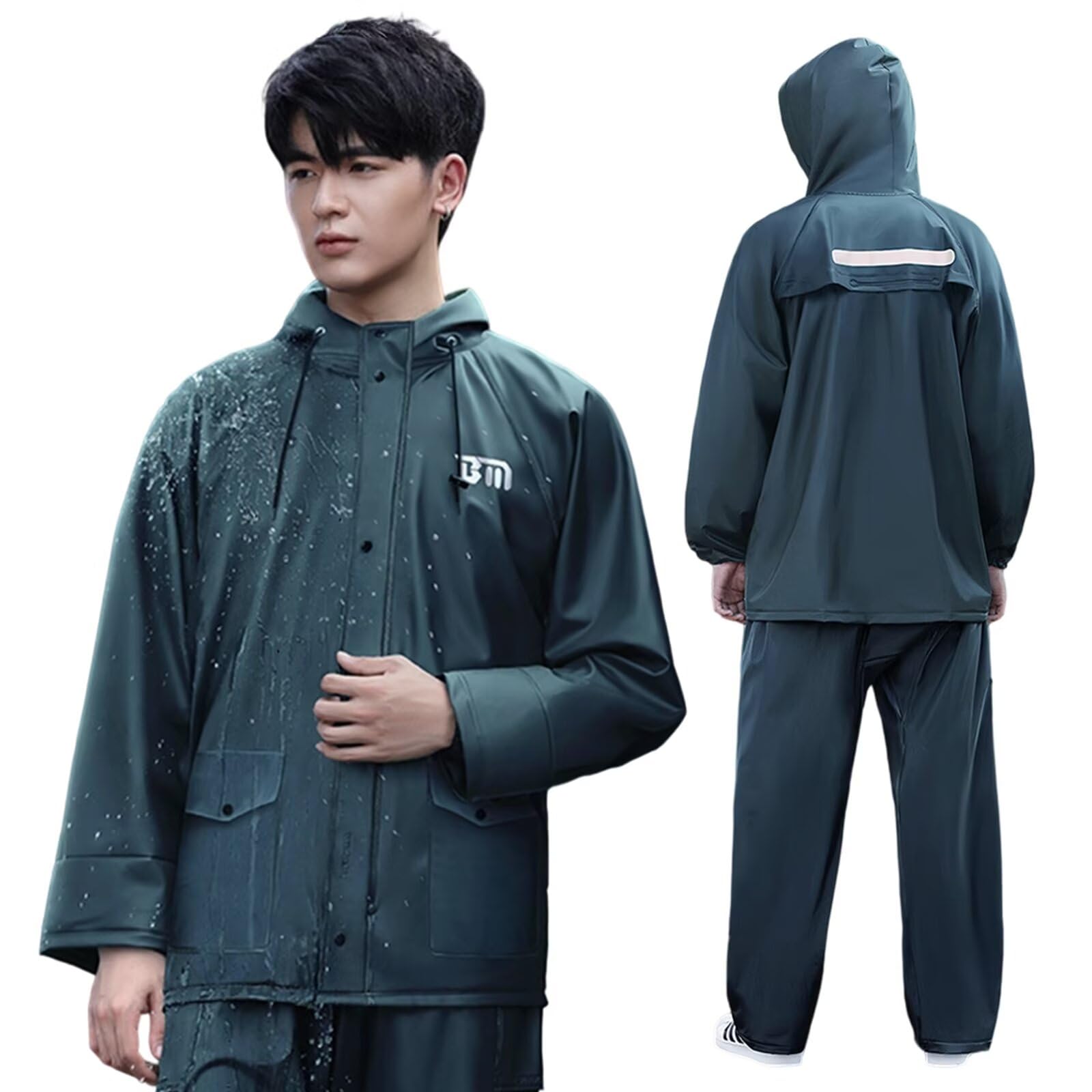 【送料無料】[HeiDiga] レインウェア 上下セット レインスーツ メンズ 雨合羽 自転車 カッパ 防風 防水 透湿 大きいサイズ 雨具 梅雨対策 足が濡れない 反射テープ 二重ツバ おしゃれ シンプル アウトドア 通学 通勤 大人 男女兼用 色：860-グリーン、サイズ：2XL(4)
