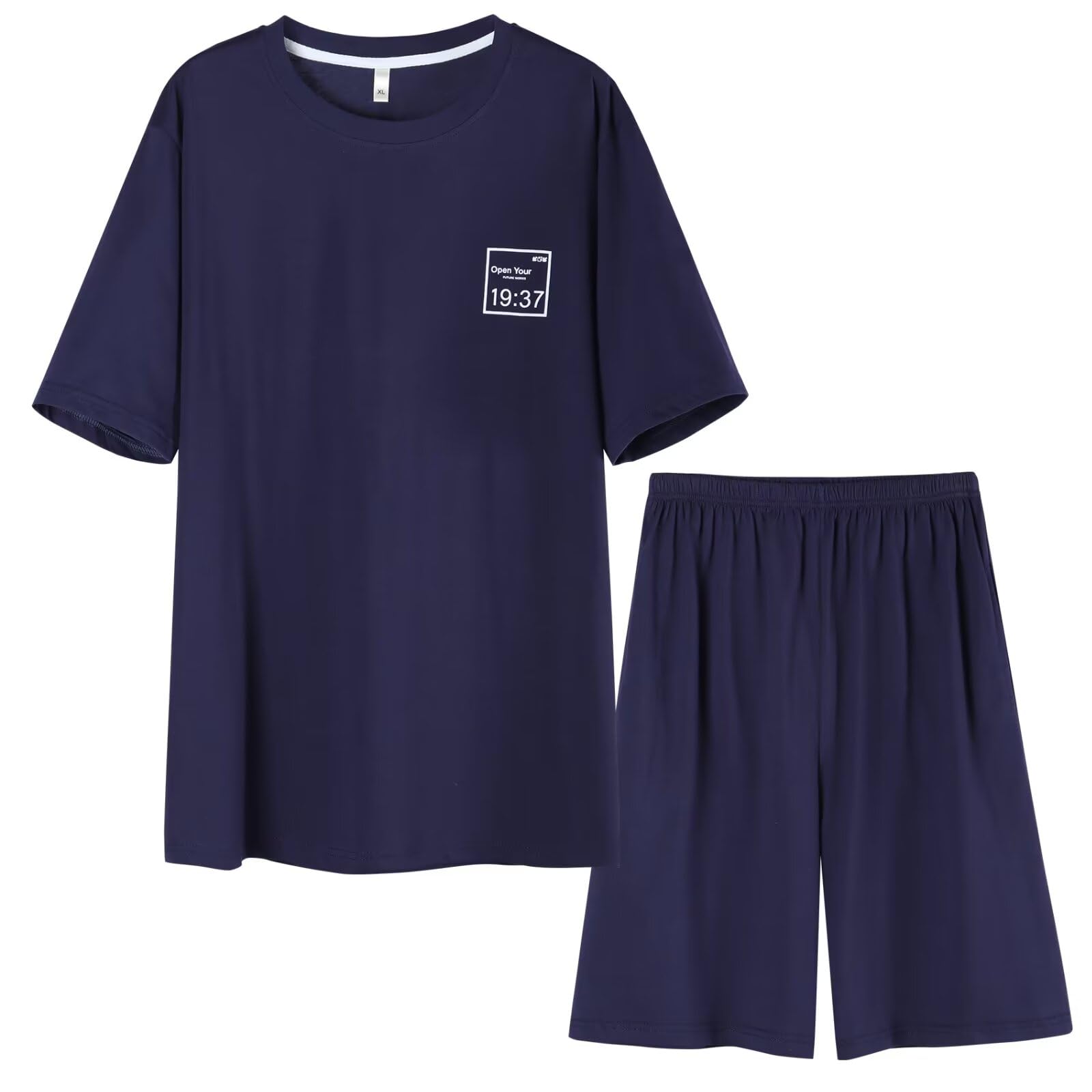 【送料無料】[HEWEAYTA] パジャマ メンズ 夏 半袖 - ルームウェア 上下セット 半袖ショートパンツ 部屋着 薄手 綿 軽い 吸汗 色：ダークブルー、サイズ：2XL