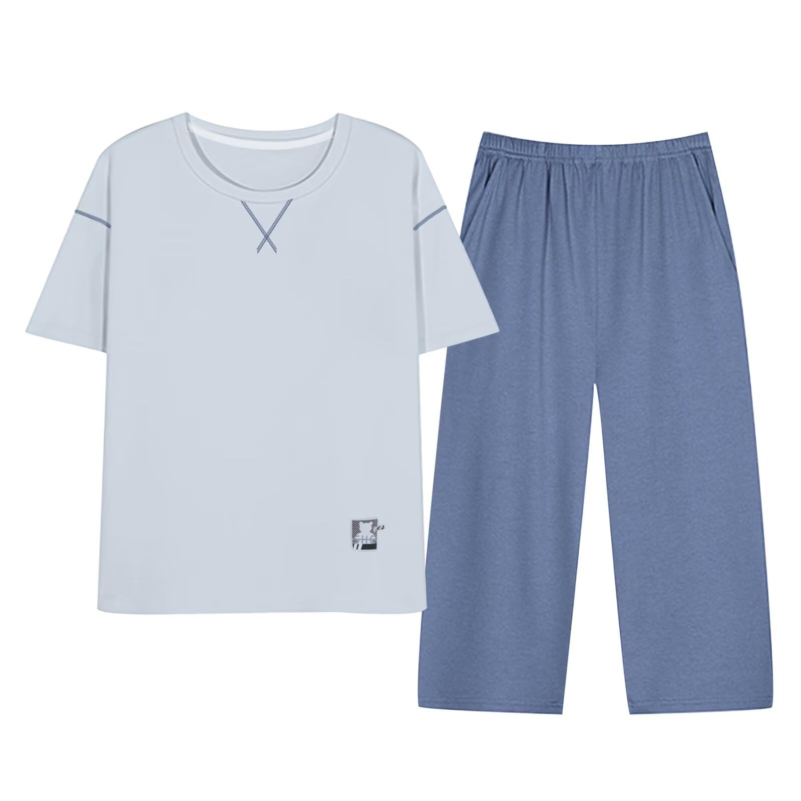 【送料無料】[HEWEAYTA] パジャマ レディース ルームウエア 夏 七分丈 半袖 薄手 丸首 上下セット 快適 ゆったり 肌に優しい 色：ブルー、サイズ：L