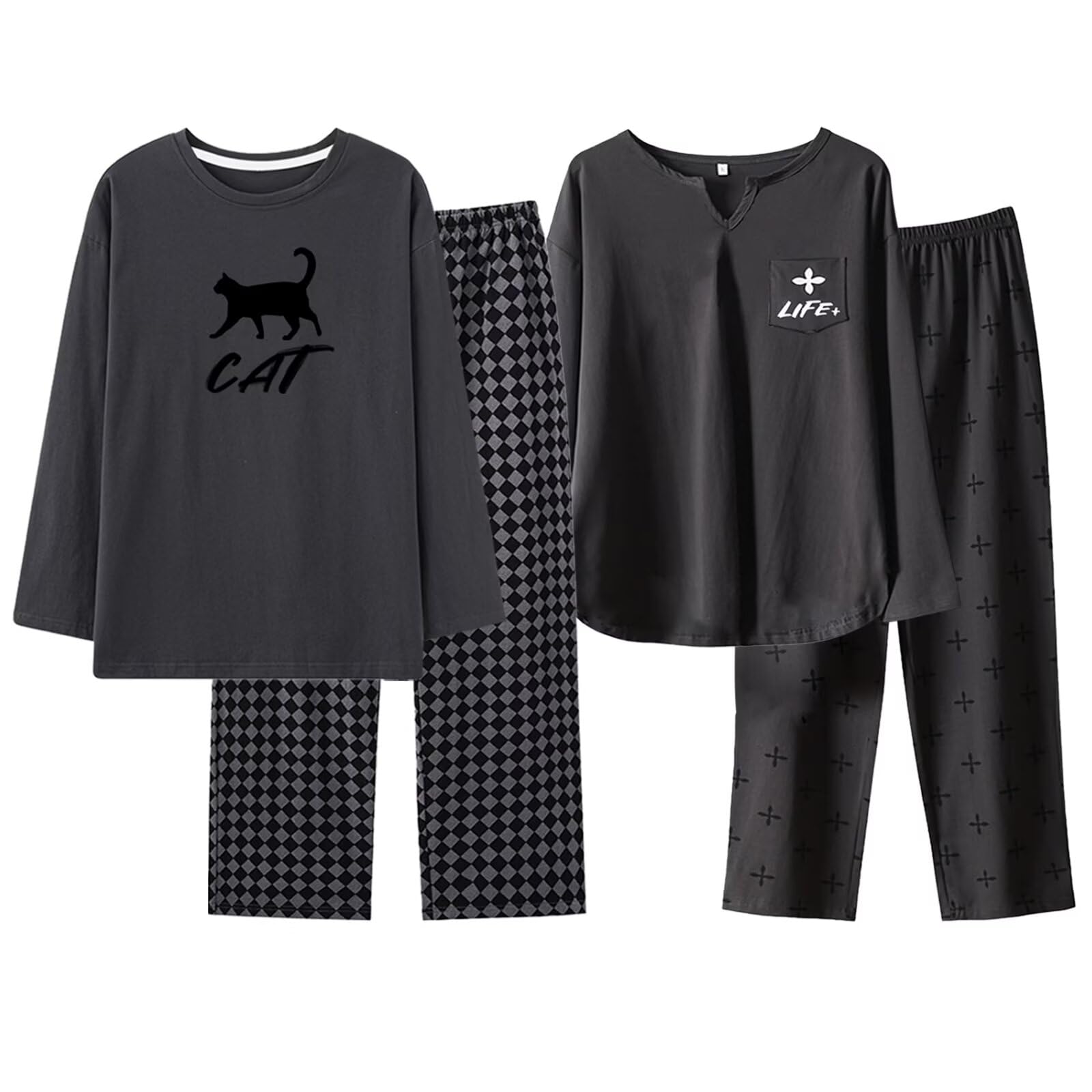 【送料無料】[HEWEAYTA] パジャマ レディース 長袖 薄手 - ルームウエア 春夏秋 丸首 部屋着 上下セット ボタンなし 快適 通気 ゆったり 色：ブラック/グレー、サイズ：XL