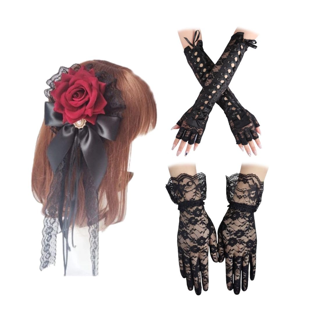 【送料無料】[Archnote] ゴスロリ レース 手袋 黒 ロンググローブ 黒手袋 ヘッドドレス 赤 髪飾り コスプレ ハロウィン 3点セット 色：ブラック、サイズ：Free Size
