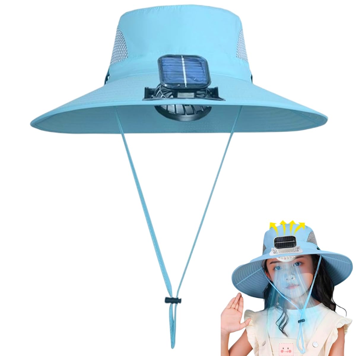 【送料無料】[Little Bean] キッズ ハット 帽子 ソーラー＆USB充電式 子供用ソーラーファンハット 広いつば付き UVカット 日よけ 子供 ベビー 52cm-55cm 色：ブルー、サイズ：52.0-55.0 cm