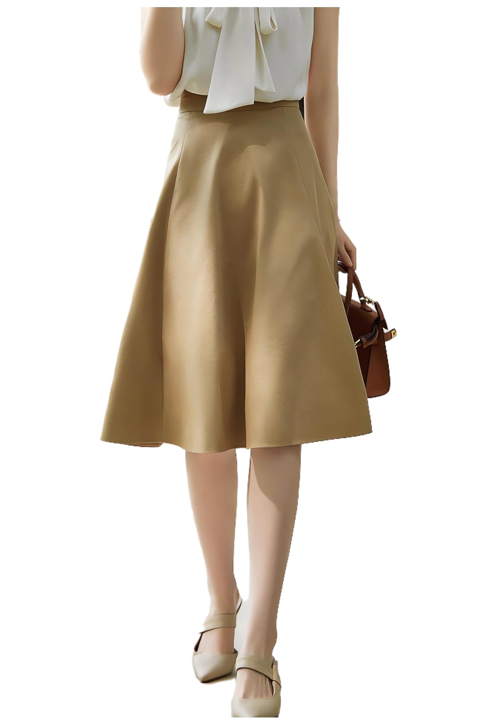 【送料無料】[House Yayoi] スカート フレア レディース ミモレ丈 膝丈 きれいめ 落ち感 大人可愛い 膝下 ゆったり ロング丈 膝丈 夏 秋 体型カバー 着痩せ 裏地付き ハイウエスト オフィス 清楚系 通勤 Skirt 色：カーキ、サイズ：L