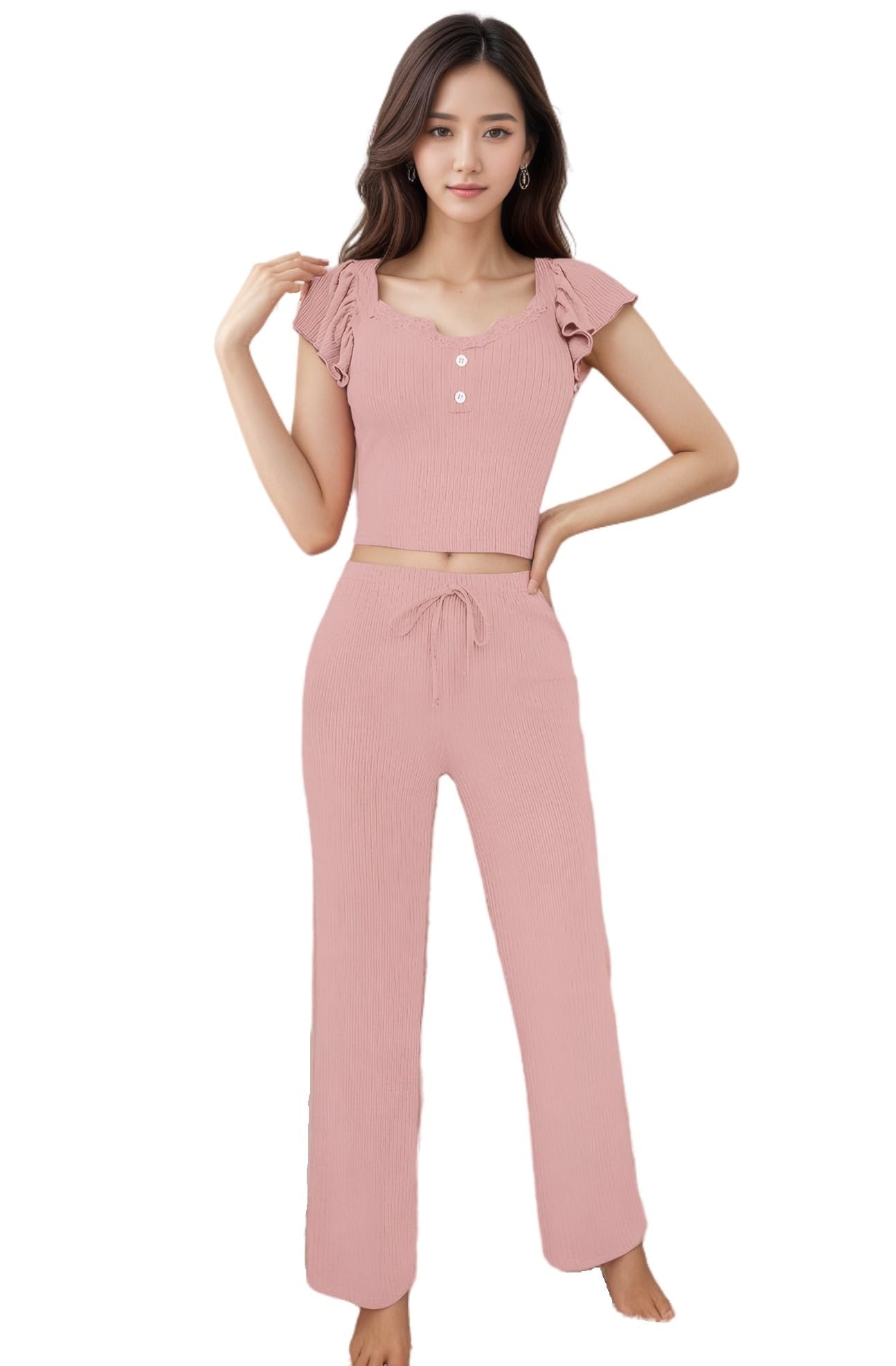 【送料無料】[House Yayoi] パジャマ ルームウエア 上下セット 女性 レディース 夏用 薄手 薄め 半袖 長ズボン ハイウエスト 春 夏 かわいい 大人可愛い ナイトウェア 肌に優しい 部屋着 寝巻 丸首 冷感 セクシー 2点セット 色：ピンク、サイズ：L RegularShort