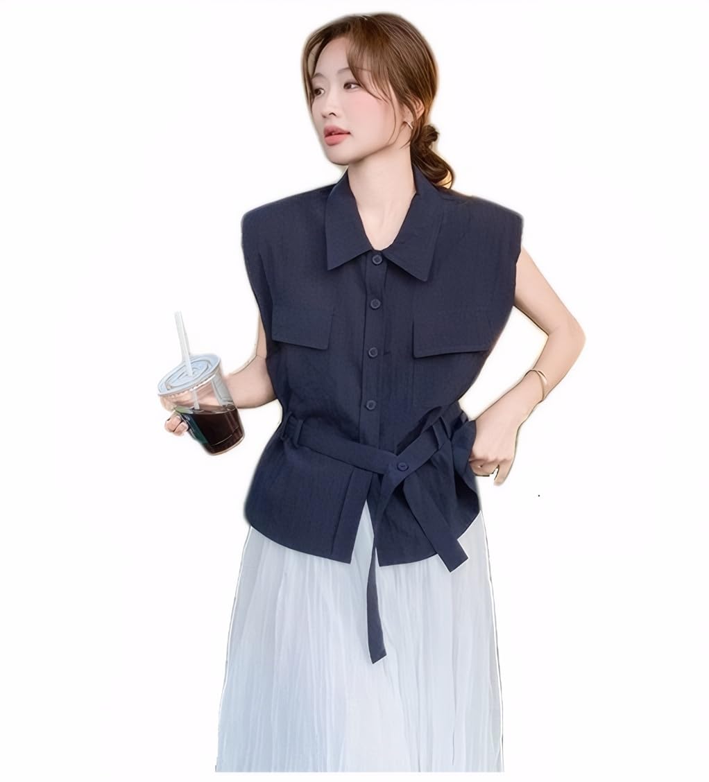 【送料無料】[House Yayoi] シャツ ブラウス レディース 夏 ノースリーブ 袖なし トップス 大きいサイズ ゆったり おしゃれ UVカット 体型カバー ひんやり 通勤 セール Vネック ビジネス ゆったり 綿 キレイめ オフィス 無地 色：ネイビー、サイズ：M RegularLong