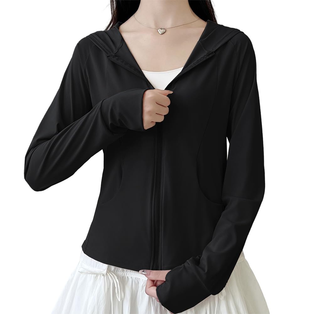 【送料無料】[HOTIAN] ラッシュガード レディース UVカットパーカー「伸縮性・UVカット・魅力的にシルエット」水陸両用 ラッシュパーカー 長袖 接触冷感 日焼け対策ウェア アウター 軽量 アウトドア 海 色：ブラック、サイズ：2XL