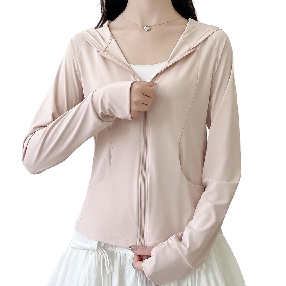 【送料無料】[HOTIAN] ラッシュガード レディース UVカットパーカー「伸縮性・UVカット・魅力的にシルエット」水陸両用 ラッシュパーカー 長袖 接触冷感 日焼け対策ウェア アウター 軽量 アウトドア 海 色：ライトピンク、サイズ：XL