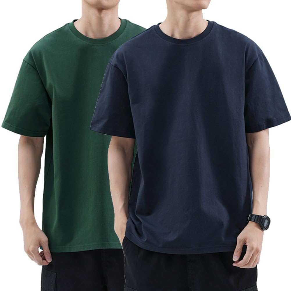 【送料無料】[HOTIAN] Tシャツ 半袖 メンズ 2枚組 100%綿 クルーネック Tシャツ 柔らかい インナーシャツ 通気 吸汗 カジュアル お出かけ 春 夏 秋 色：2枚組-グリーン/ネイビー、サイズ：XL
