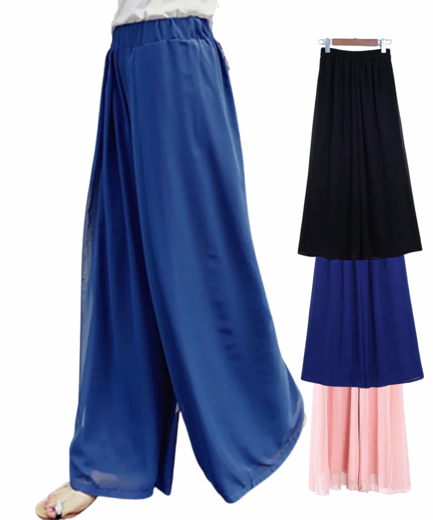 【送料無料】[Sesong] ワイドパンツ ロングパンツ 裏地あり シフォン レディース ボトムス ズボン ガウチョパンツ ルーズパンツ 大きいサイズ ゆったり オフィス 体型カバー 着痩せ 爽やか 涼しい 可愛い カジュアル 通勤 おしゃれ 春夏秋 色：ブルー、サイズ：L