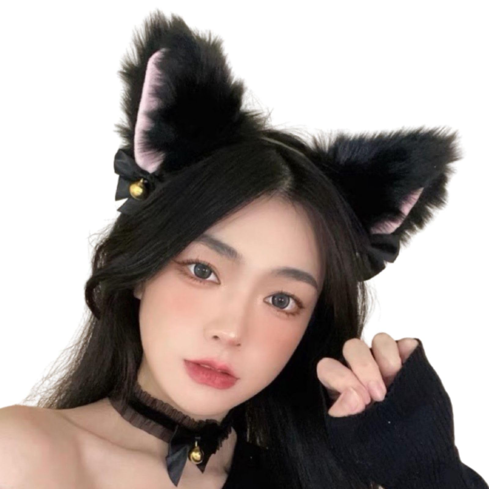 【送料無料】[Nestkanina] 猫耳 ふわふわ カチューシャ チョーカー かわいい 2点セット 人気 鈴付き 仮..