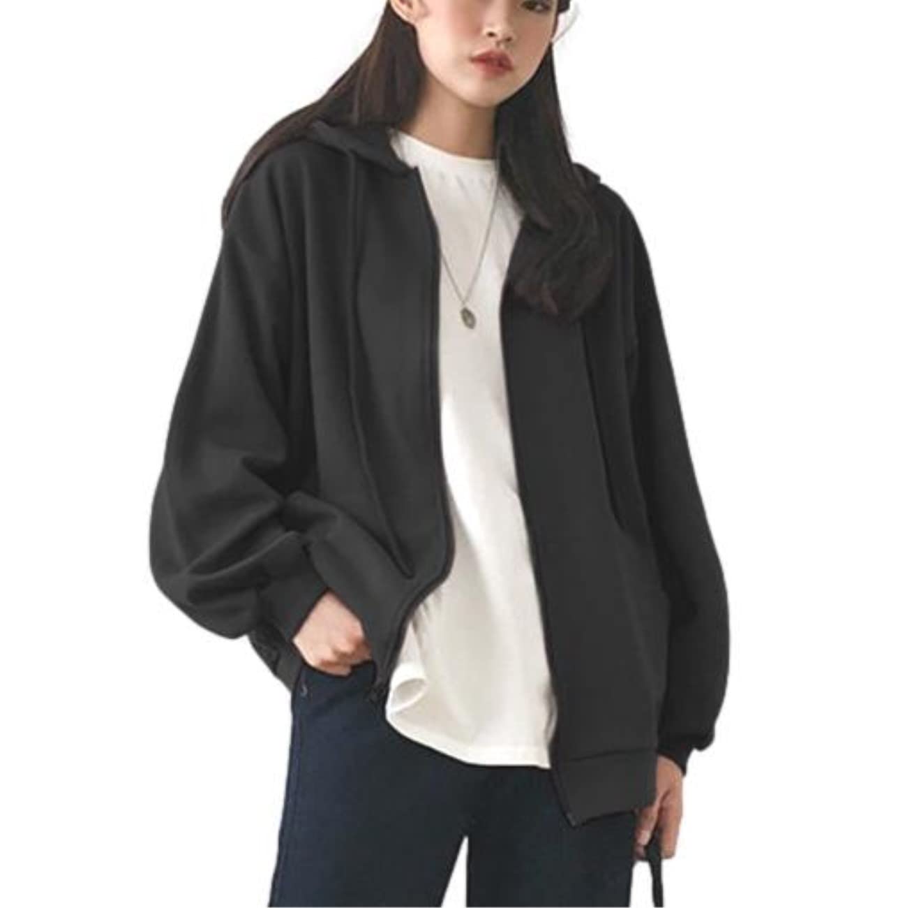 【送料無料】[Nestkanina] パーカー レディース トップス アウター ジップアップ フード ゆったり カジュアル SWT001 色：ブラック、サイズ：M