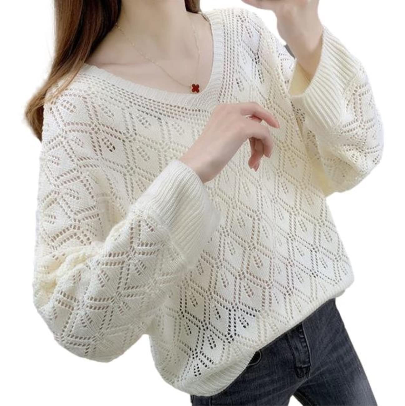 【送料無料】[Nestkanina] ニット 透かし編み 薄手 カットソー ゆったり シルエット 体型カバー 長袖 ..