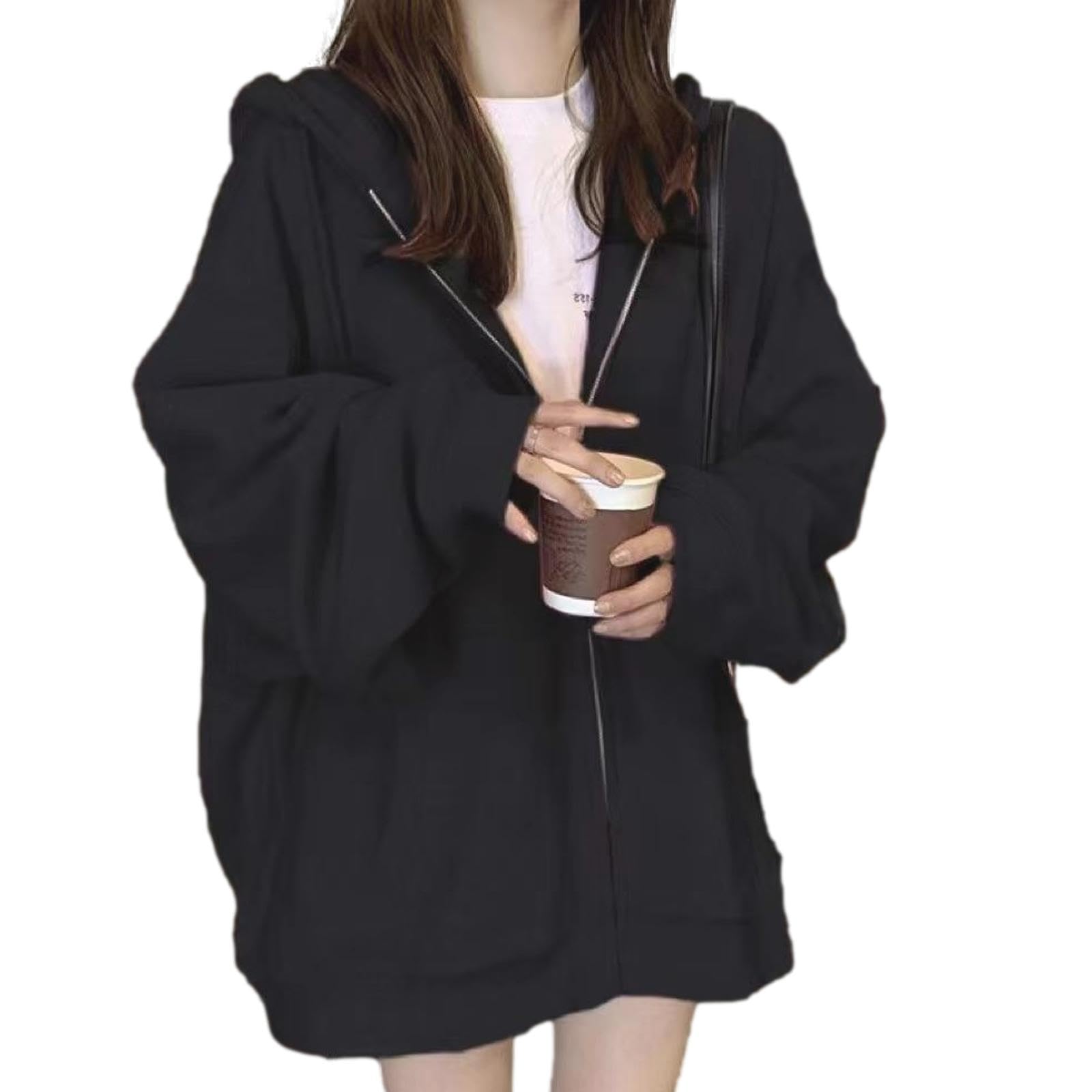 【送料無料】[Nestkanina] パーカー レディース 厚手 あったか トップス アウター ジップアップ フード ゆったり カジュアル フルジップ ストリート 大きめ 春 秋 冬 通学 無地 ルームウェア SWT010 色：ブラック、サイズ：L