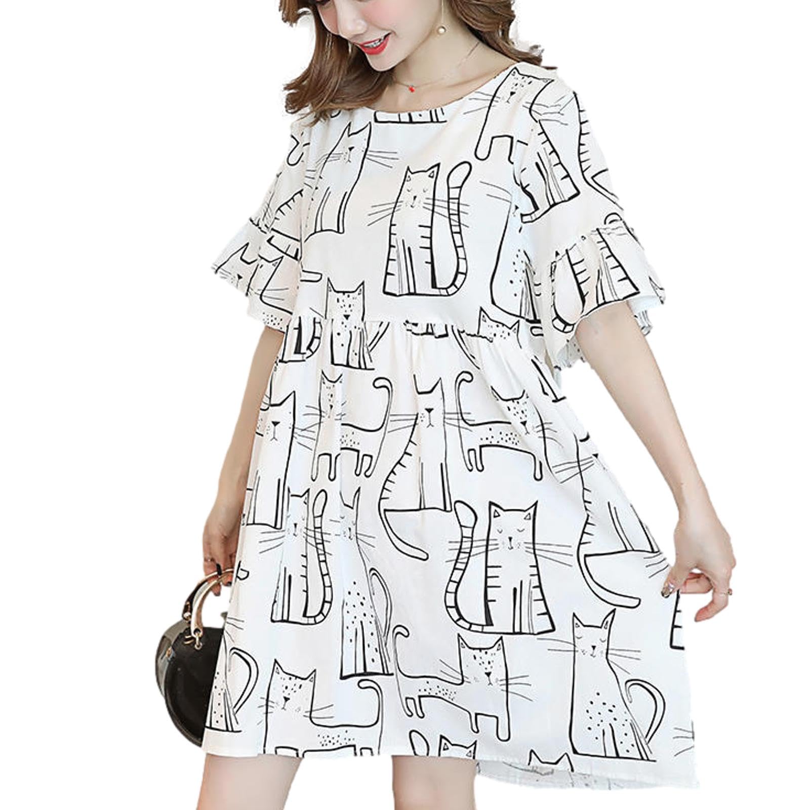 【送料無料】[Nestkanina] サマーワンピース マタニティ 半袖 ネコ柄 シンプル サマー ワンピ ワンピース ひざ丈 ミディアム 涼しい レディース 体型カバー 春 夏 膝丈 DRS016 色：ホワイト、サイズ：L