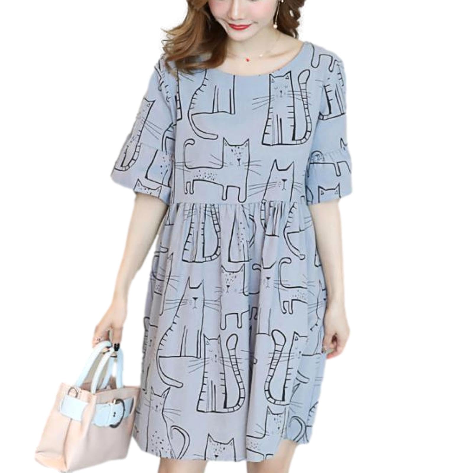 【送料無料】[Nestkanina] サマーワンピース マタニティ 半袖 ネコ柄 シンプル サマー ワンピ ワンピース ひざ丈 ミディアム 涼しい レディース 体型カバー 春 夏 膝丈 DRS016 色：グレー、サイズ：L