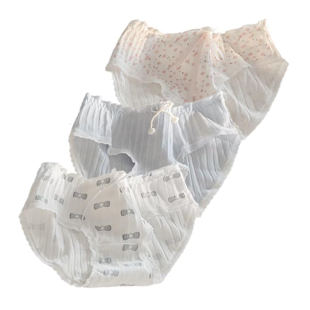 【送料無料】[Eukkis] 学生ショーツ 肌に優しいコットンショーツ 綿パンティー3枚セット -M L サイズ レディース レギュラー フルバックショーツ 可愛い柄 透気快適 色：ブルーリボン花柄*3枚セット 95％綿、サイズ：M