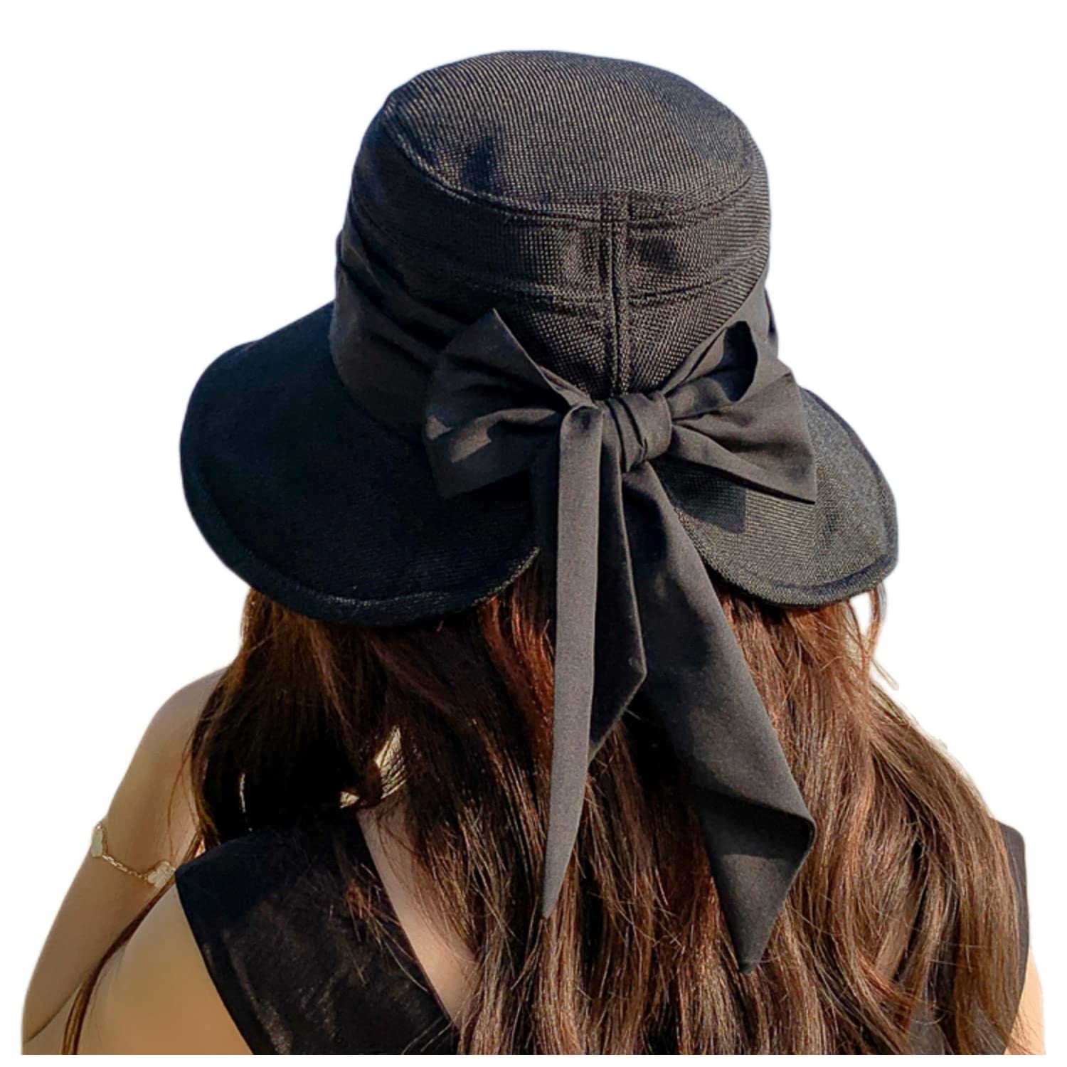 【送料無料】[Weuiean] UVカット 帽子 レディース UV ハット UVケア 紫外線対策 女優帽 日よけ 日除け帽子 春 夏 おしゃれ 可愛い YMHD-194 色：ブラック、サイズ：56.0-58.0 cm