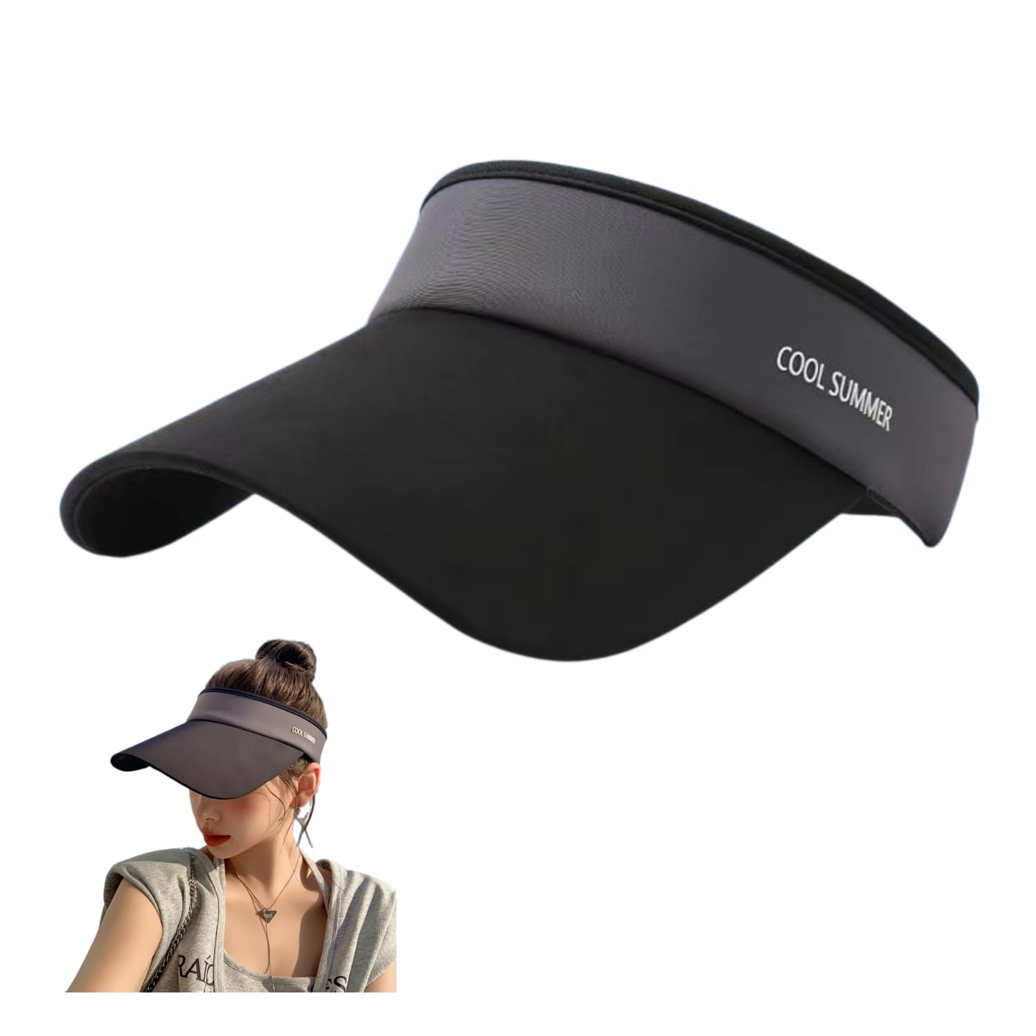 【送料無料】[Weuiean] サンバイザー レディース UVカット キャップ つば広 帽子 紫外線対策 日焼け防止 弾性コード付き サイズ調整 軽量 男女兼用 SHSE-016 色：ブラック、サイズ：55.0-59.0 cm