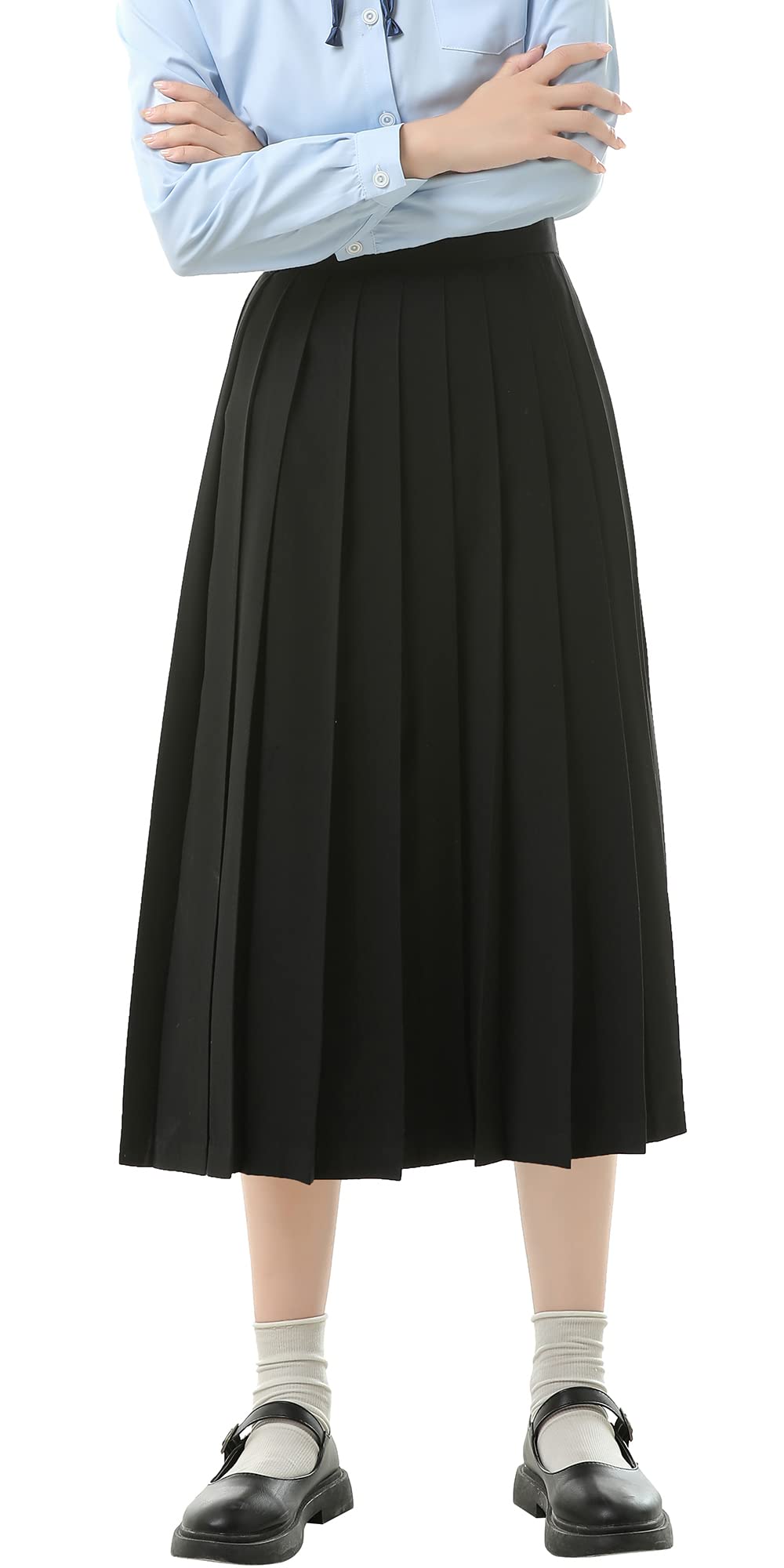 【送料無料】[Sharphon] 制服 スカート 黒 紺 灰 白 5色 36/39/42/45/48/55/60/70/80CM丈 無地 ライン ハイウエスト プリーツスカート 色：80CM-ブラック、サイズ：S