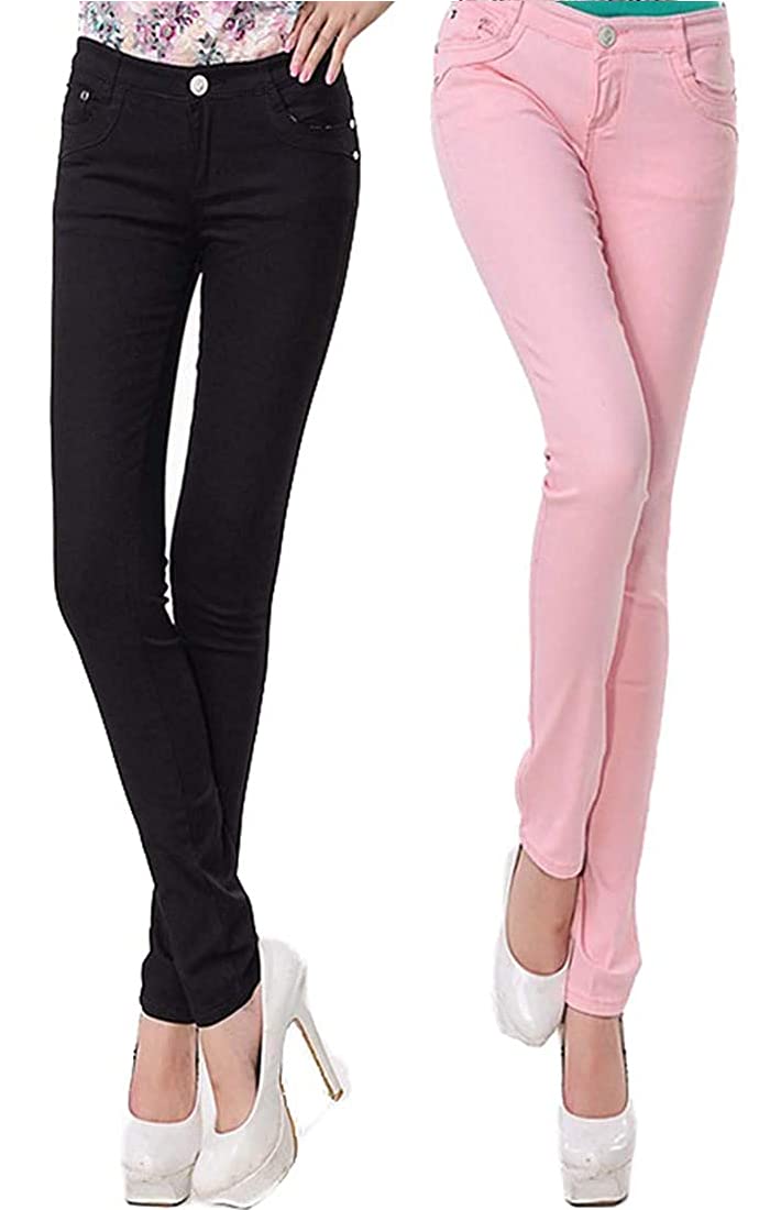 【送料無料】[Sharphon] レディース 19色 スキニー ストレッチ スリム 綿100% ラインパンツ 美脚 ロングパンツ 色：2枚組 黒+ピンク、サイズ：4XL