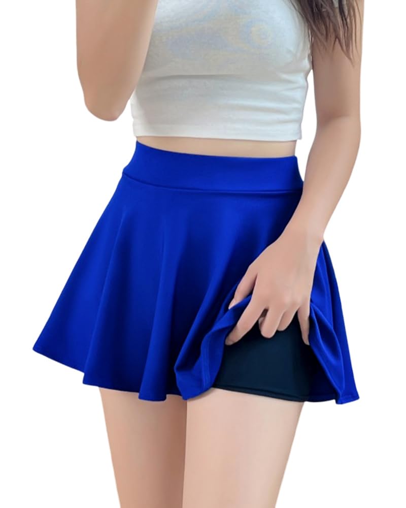 【送料無料】[Sharphon] フレアスカート 18色 33丈 ウエストゴム インナーパンツ付き ハイウエスト Aライン ミニ丈 レディース 無地 チェック柄 ドット カモフラ スポーツ 韓国風 美脚 キュート REI210 色：ブルー、サイズ：M