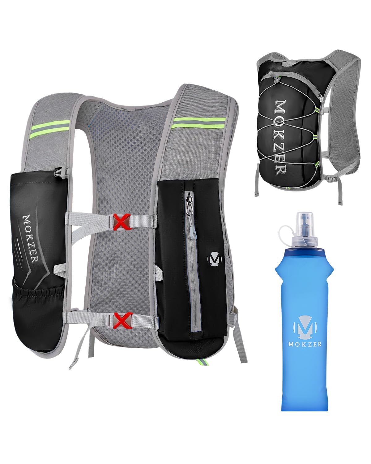 【送料無料】[mokzer]ランニングバッグ 140g超軽量 ランニングリュック トレイルラン マラソン ジョギング サイクリング 小さめ ハイドレーションバッグ 通気防水 自転車レース 光反射ストラップ付 豊かなポケット 男女/子 色：ブラック（500ml水筒付き）、サイズ：小型