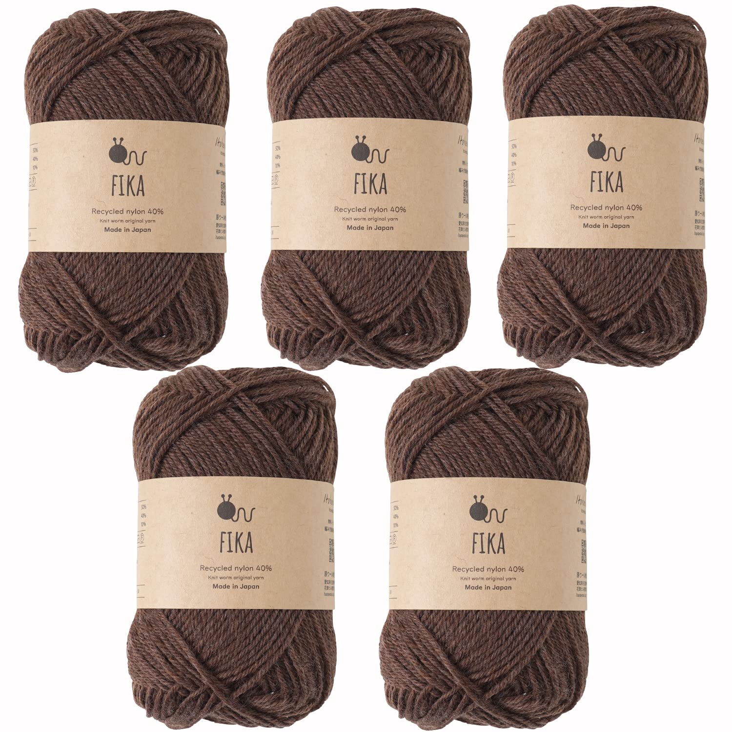 【送料無料】原ウール Knitworm 毛糸 5玉セット フィーカ 中細 25g（約94m） ウール50％ リサイクルナイロン40% アクリル10% 日本製 色：11.チョコレート