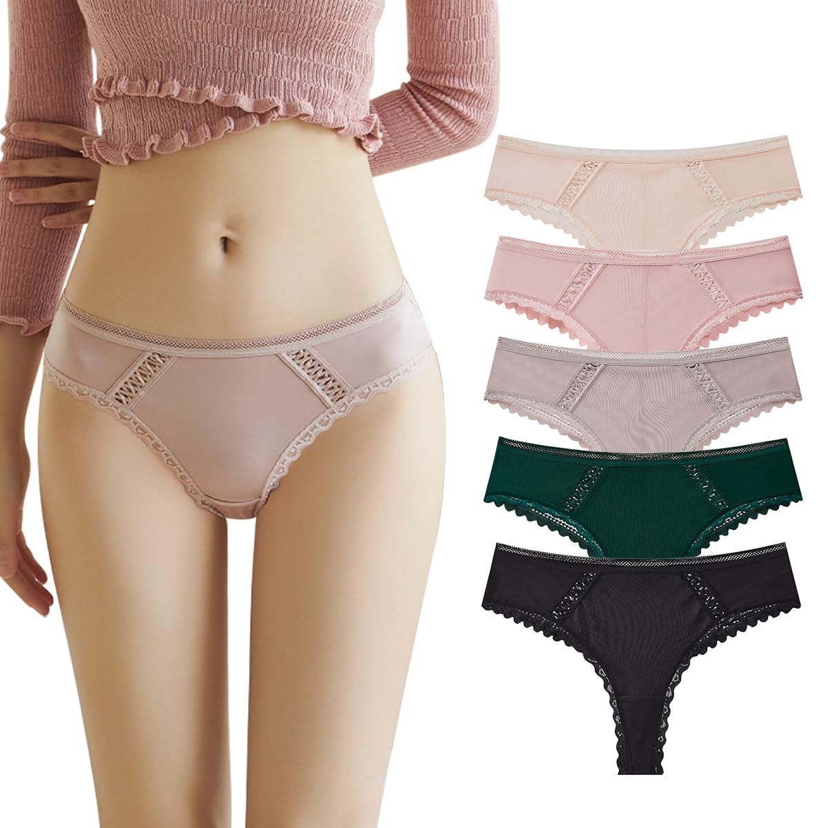 【送料無料】[Beirou] tバック レディース コットン ストレッチ綿 セクシー ショーツ スポーツ タイプ ヒップアップ 快適 通気 下着 美尻 3枚/5枚組 色：【レース /サテン生地】5枚セット、サイズ：XL