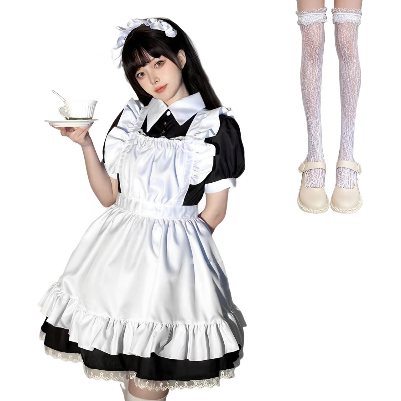 【送料無料】[AOTYP] メイド服 コスプレ仮装 タイツ付きフルセット 定番 ショート丈 ロング ワンピース..