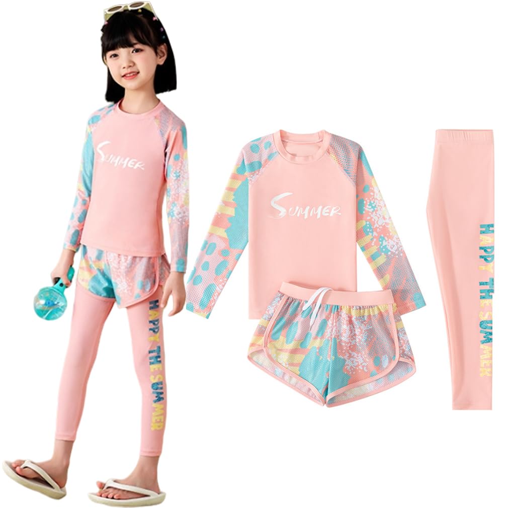 【送料無料】[Icyrain] 水着 女の子 ラッシュガード 3点セット キッズ 水着セット 長袖 子供 水着 セパレート 水陸両用 UVカット スイムウェア 日焼け止め 海遊び 色：ピンク、サイズ：2XL