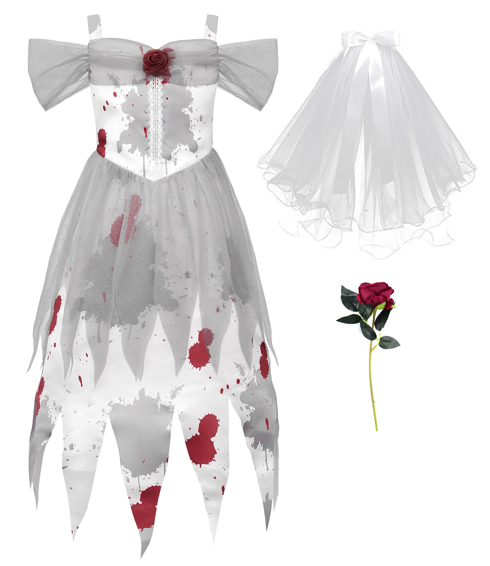 【送料無料】[ReliBeauty] ゾンビ 花嫁 コスプレ ハロウィン 衣装 子供 女の子 ワンピース 怖い ゴースト お嫁さん 鬼嫁 血まみれ服 イベント パーティー 舞台 演出服 3点セット ホワイト ブラック 色：ホワイト、サイズ：140