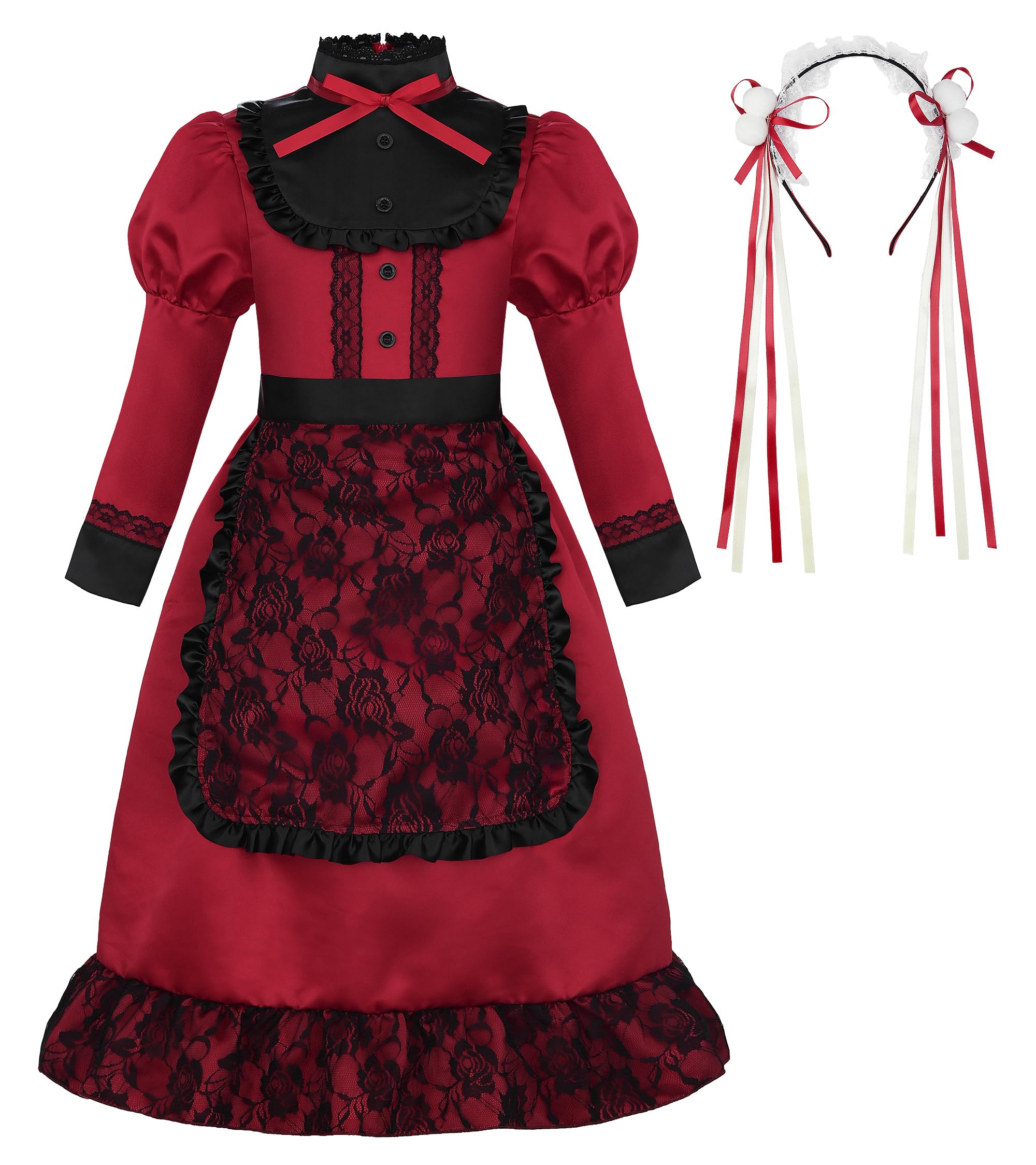 【送料無料】[ReliBeauty] 洋館メイド キッズ コスプレ ハロウィーン 仮装 子供 女の子 メイド服 プリンセス ドレス ワンピース コスチューム クリスマス 誕生日 プレゼント レース付 カチューシャ セット レッド グリーン 色：レッド X ブラック、サイズ：110