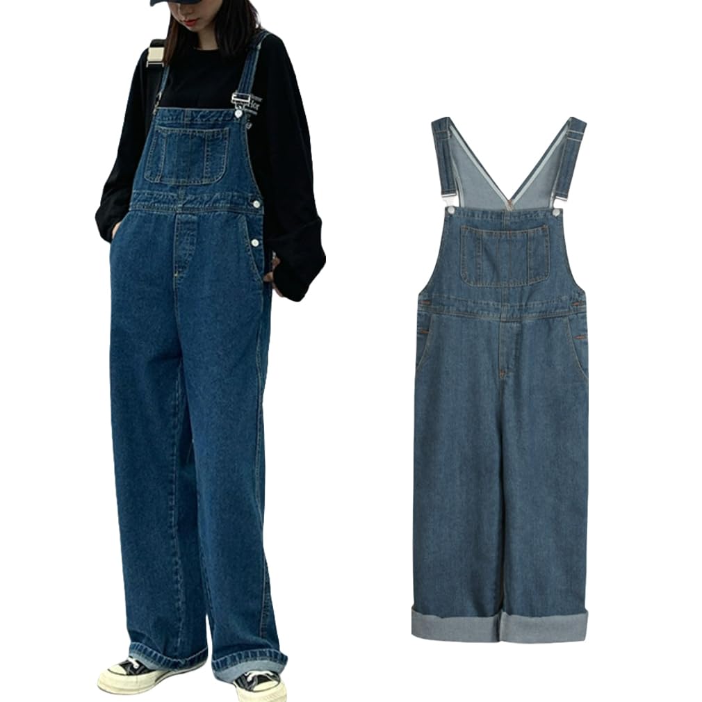 【送料無料】[Icyrain] サロペット デニム レディース オーバーオール デニムパンツ オールインワン 大きいサイズ ジーンズ ワイドパンツ 体型カバー 着痩せ 普段着 通勤 色：ダークブルー、サイズ：L