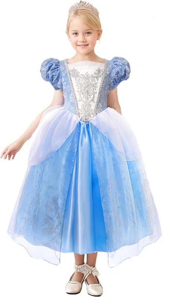 【送料無料】[TYHTYM] プリンセスドレス 子供 コスプレ(シンデレラドレス/王冠/ステッキ/ネックレス) 4点セット 105-120CM ブルーワンピース キッズ 仮装 クリスマス/ハロウィン/子供の日/誕生日プレゼントに最適 色：ブルー1、サイズ：105
