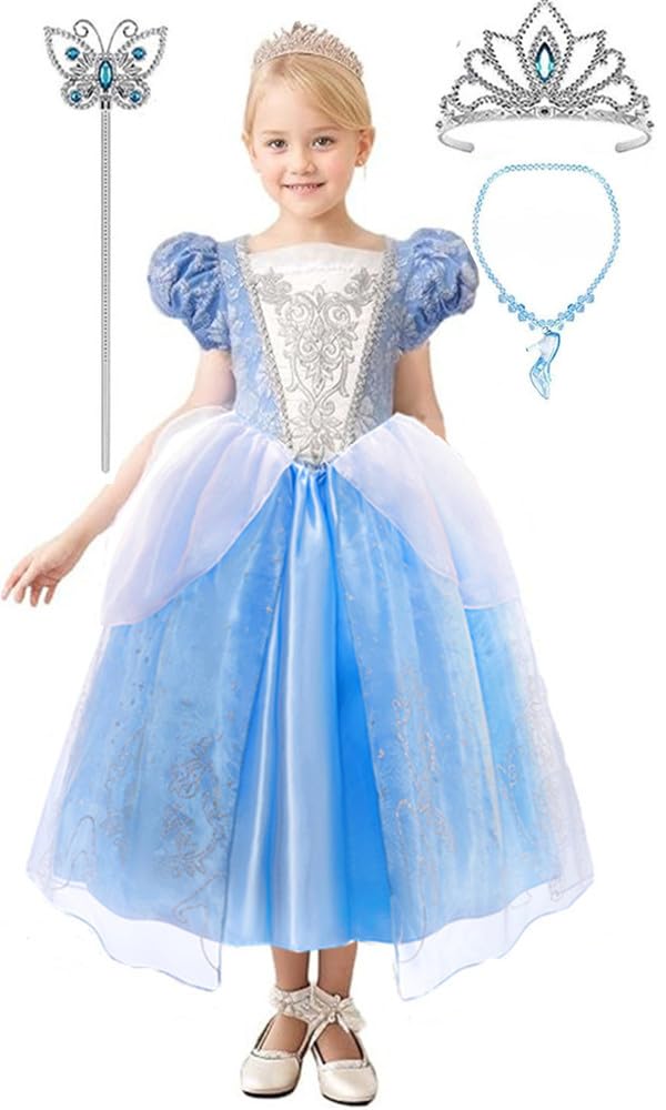 【送料無料】[TYHTYM] プリンセスドレス 子供 コスプレ(シンデレラドレス/王冠/ステッキ/ネックレス) 4点セット 105-120CM ブルーワンピース キッズ 仮装 クリスマス/ハロウィン/子供の日/誕生日プレゼントに最適 色：ブルー、サイズ：105