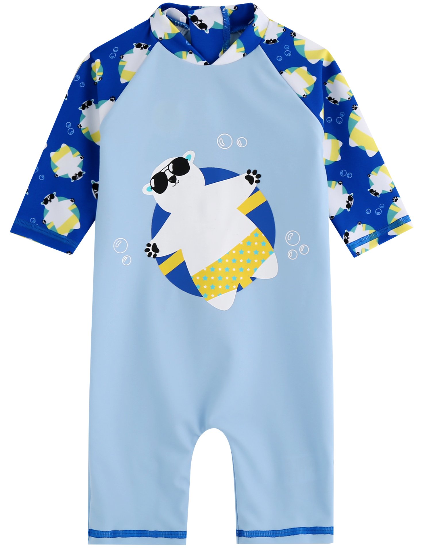 【送料無料】[Vaenait Baby] 0-24ヶ月 紫外線カット UVカット ラッシュガード ベビー 子供 幼児 アニマルキャラクター 花柄 長袖 ワンピース 水着 Gu Baby Swimsuit 色：Baby Tanning Bear Blue、サイズ：S