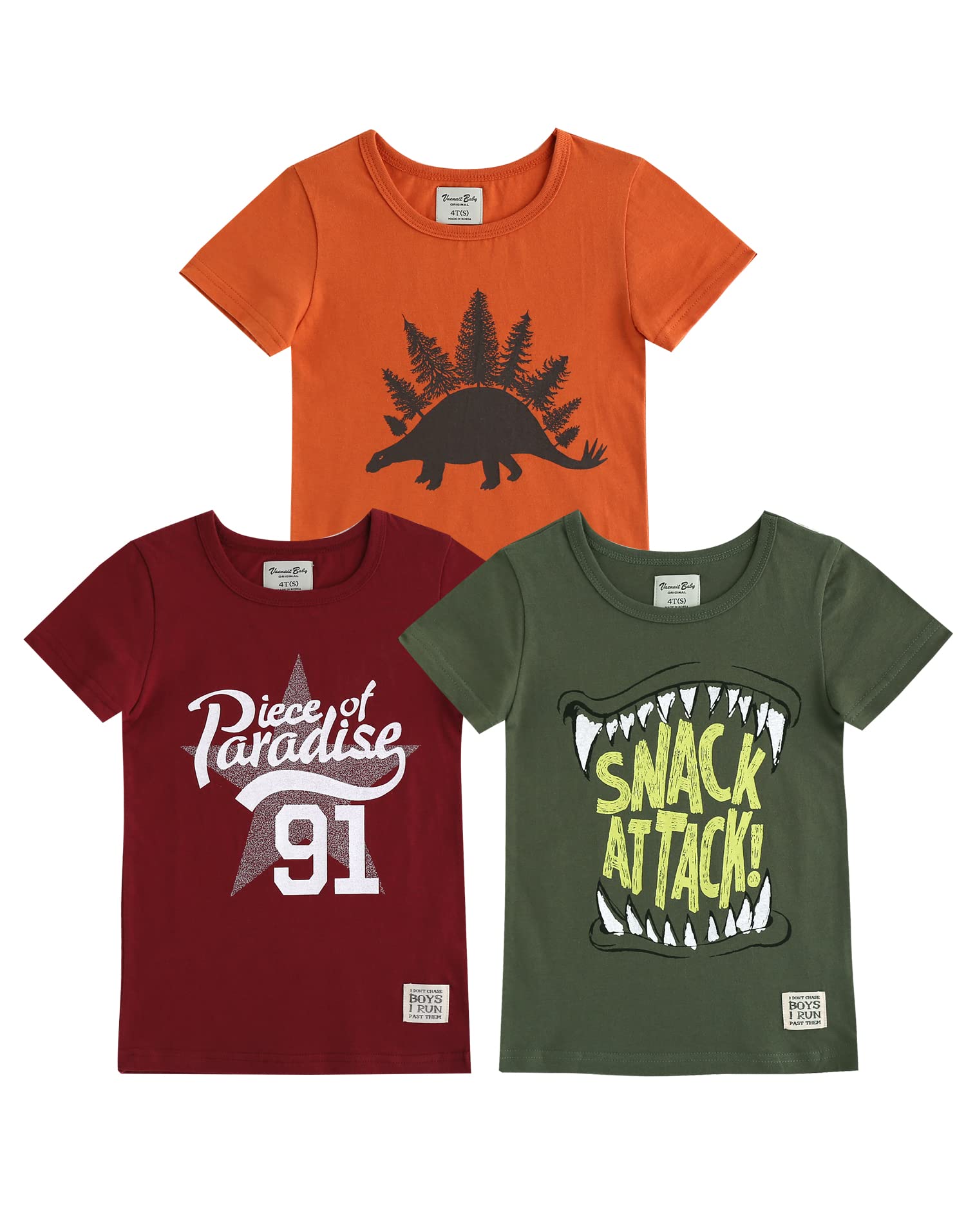 【送料無料】[Vaenait Baby] Tシャツ 半袖 ベビー服 ヴインテージ キッズ 男の子 女の子 2歳〜8歳 綿100％ 3枚セット 色：A-Vintage、サイズ：90