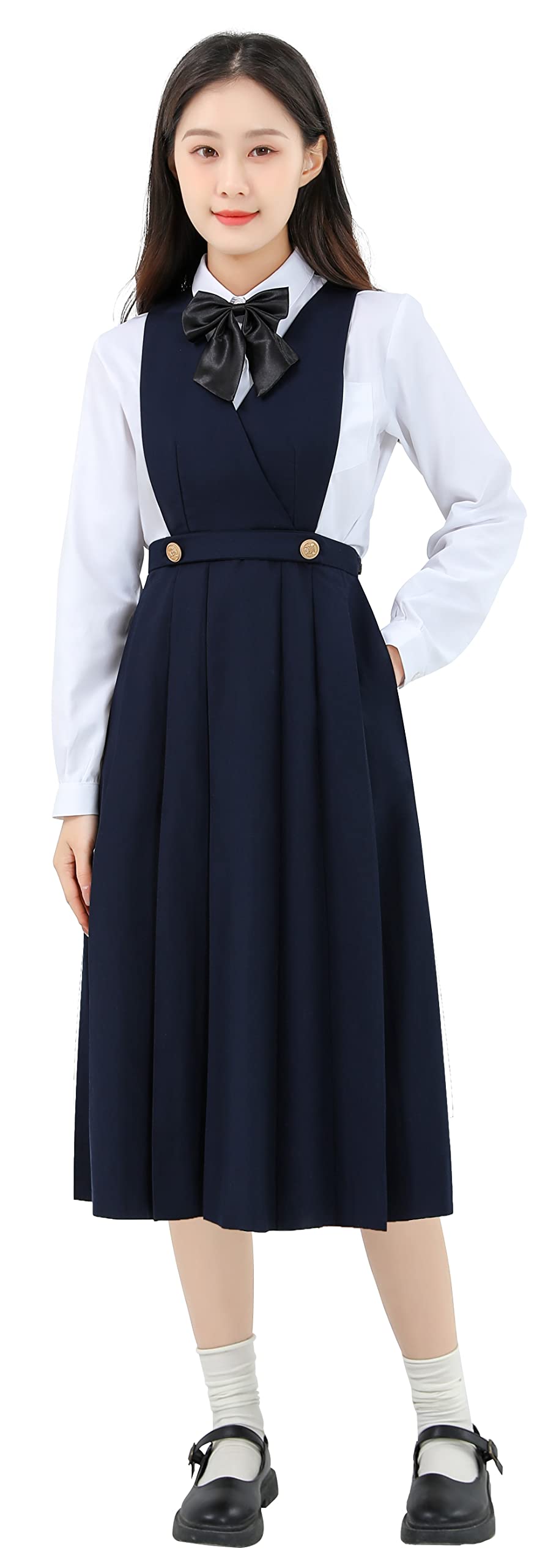 【送料無料】[Sharphon] レディース ジャンパースカート ハイウエスト ロング ワンピース 学生服 制服 ..