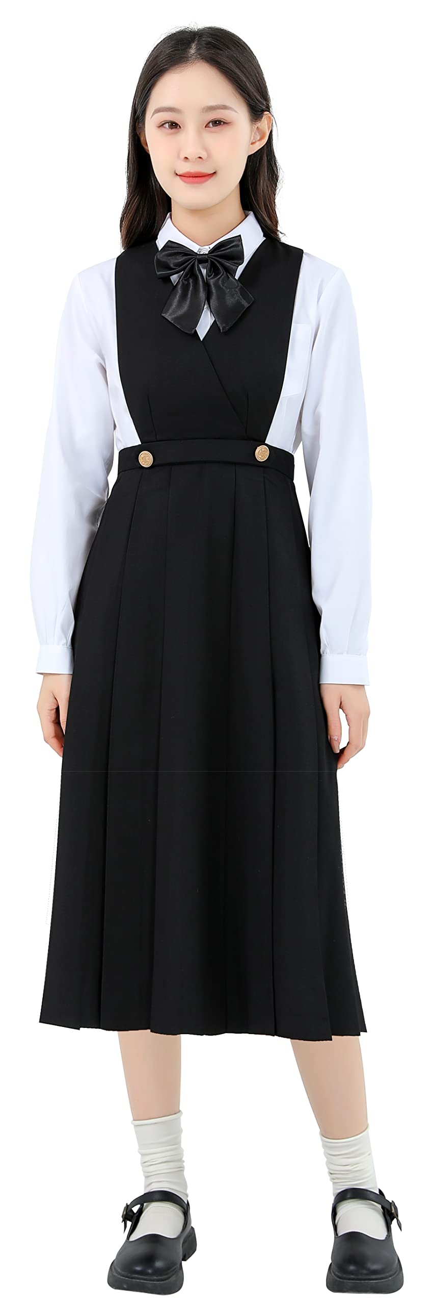 【送料無料】[Sharphon] レディース ジャンパースカート ハイウエスト ロング ワンピース 学生服 制服 プリーツ スカート jk 女装 色：80CM-ブラック、サイズ：2XL