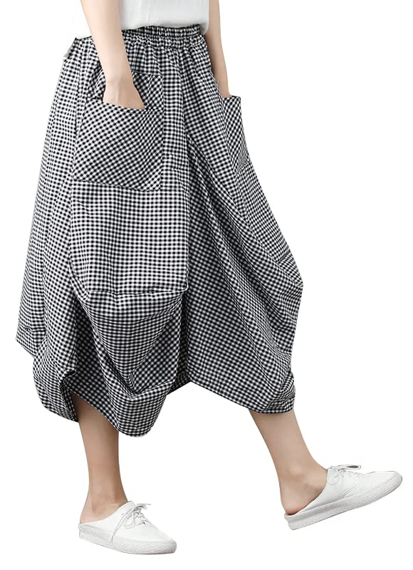 【送料無料】[syvent] レディース バルーンスカート 無地/チェック柄 綿 麻 ウエスト ゴム スカート ワ..