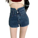 【送料無料】レディース ストレッチ デニム ホットパンツ ハイウエスト 夏 ジーンズ ショートパンツ ズボン セクシー 短パン デニムパンツ 色:ネイビー、サイ...