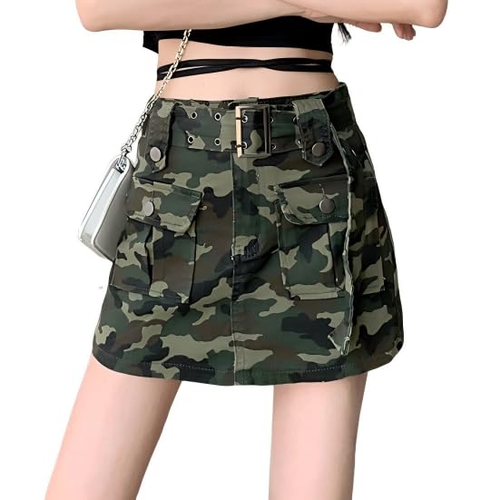 【送料無料】[syvent] デニムスカート ショート丈 夏 Aライン ベルト付き ゆったり ストレッチ タイト ミニ 美脚 シルエット 足長 デニム ハイウエスト スカート ショート丈 着痩せ 美脚 小尻 脚長 美尻 ファッション ミニスカート レディ 色：カモフラージュ、サイズ：S