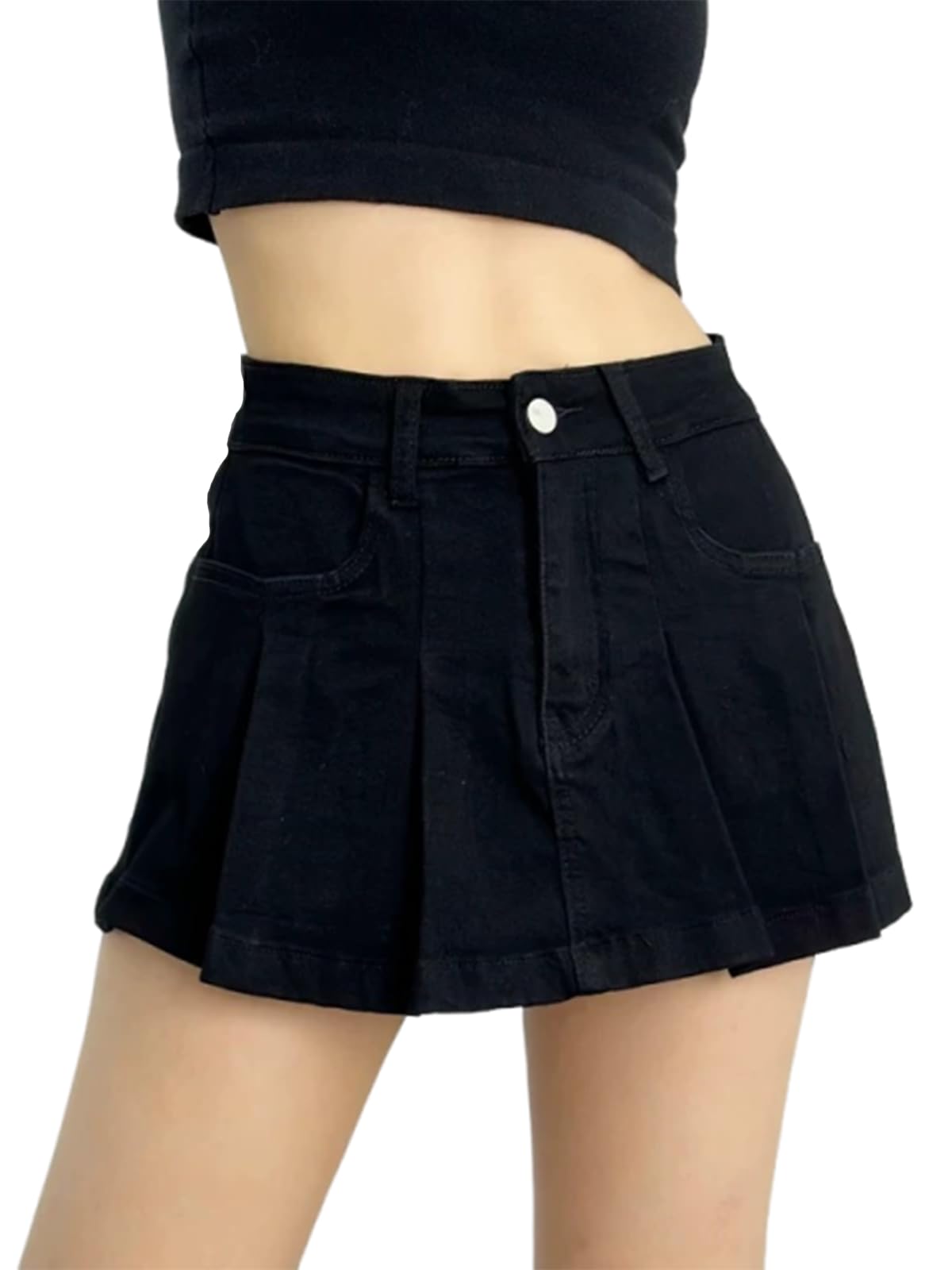 【送料無料】[syvent] スカパン スカート デニム ミニ ショートパンツ 大きいサイズ インパン 台形 ボトムス ボタン ファスナー ベルトループ ショート丈 膝上丈 ポケット デイリー 普段着 春 夏 秋 レディース 12F523 色：ブラック、サイズ：M