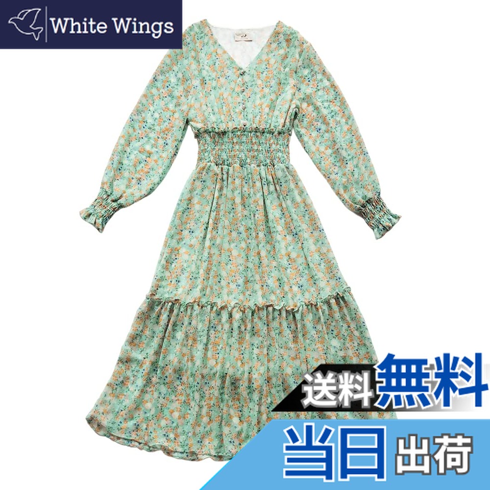 【送料無料】[Collecala] 長袖ワンピース レディース秋口長袖ロング小花柄プリント ワンピース 膝下ミモレ丈 Vネック裏地付き ゴムハイウエスト きれいめonepiece 若い女の子かわいい服 10色展開 S／M／L／XL/2XL 色：グリーン、サイズ：S