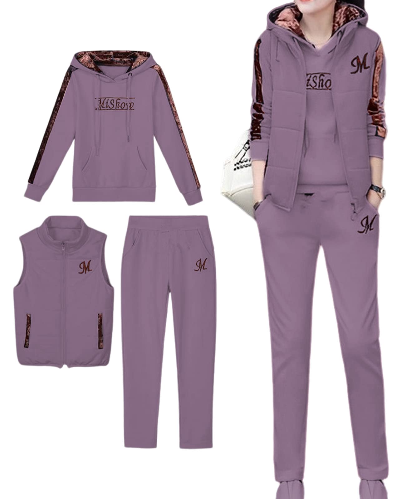 【送料無料】[BLANK BLANC] [ブランクブラン] 3点 ジャージ セットアップ 暖かい レディース 裏起毛 スウェット ベスト パンツ 秋 冬 春 S～L B32 色：パープル、サイズ：S